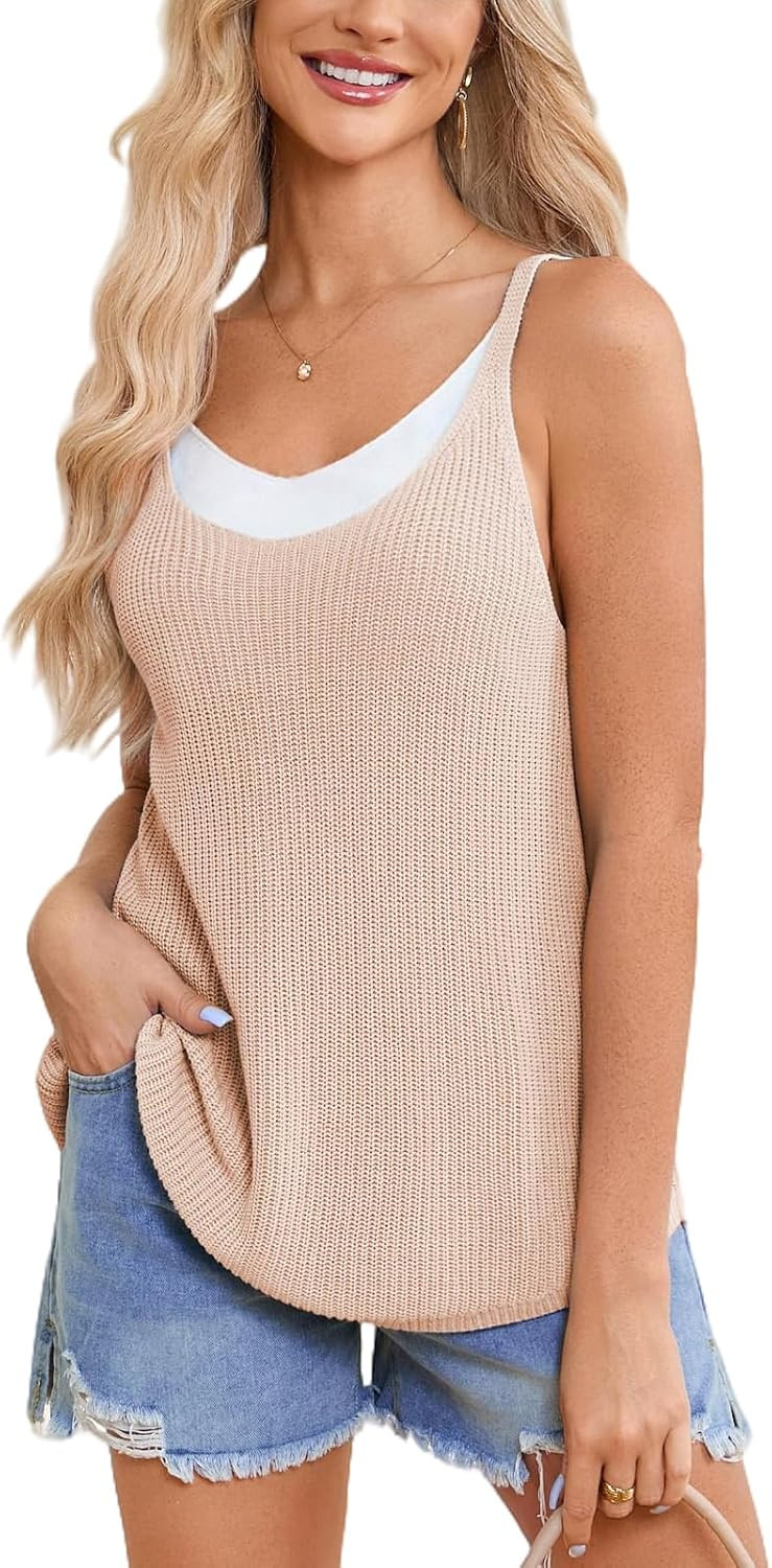 YEXPINE Womens Summer Sleeveless V Neck Sweater Vest Casual Loose Double Layer Cami Tank Tops | Amazon (US)