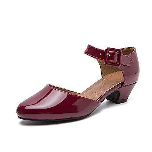 Enelauge Women's Ankle Strap Closed Toe Low Chunky Heel Dress Work Pumps Wine Red 38-7 US | Amazon (US)