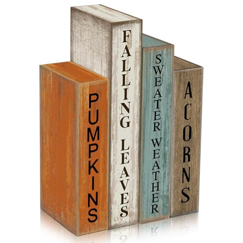 Lineshading 4 Pcs Fall Decoration Wooden Book Autumn Table Decoration Pumpkin Falling Leaves Acorns Tiered Tray Decor Wood Book Sign Farmhouse for Autumn Home Shelf Coffee Table | Amazon (US)
