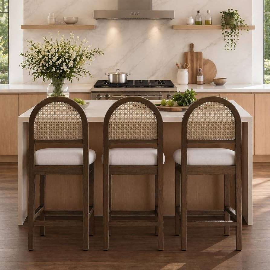 Farmhouse Style Rattan Counter Stools Set of 3, Solid Wood Leg Bar Stools, Comfortable Chenille U... | Amazon (US)
