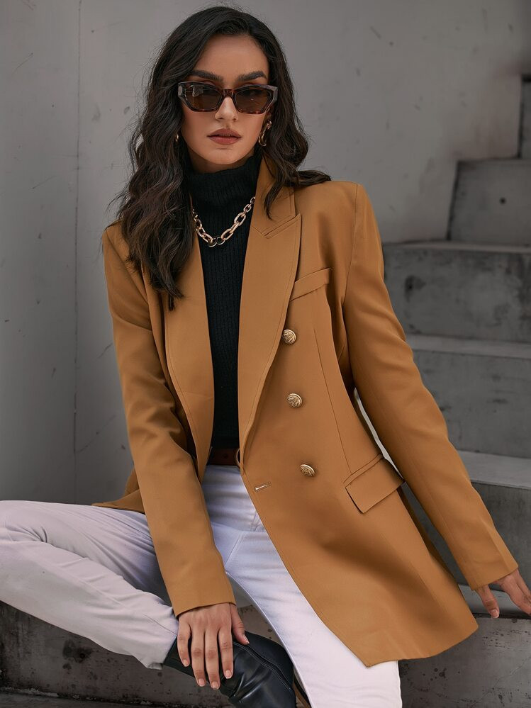 Aveloria Solid Double Breasted Flap Detail Blazer Workwear  Fall Cloth For Women | SHEIN