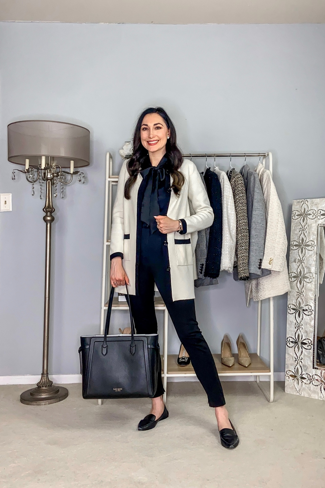 Classy black and white work outfit 🖤🤍

White cardigan with black trim (linked similar)
Black bow tie blouse (size up if busty, size 2/small)
Black high waisted skinny pants TTS, size 2
Black loafers TTS, size 7

#LTKshoecrush #LTKworkwear #LTKstyletip