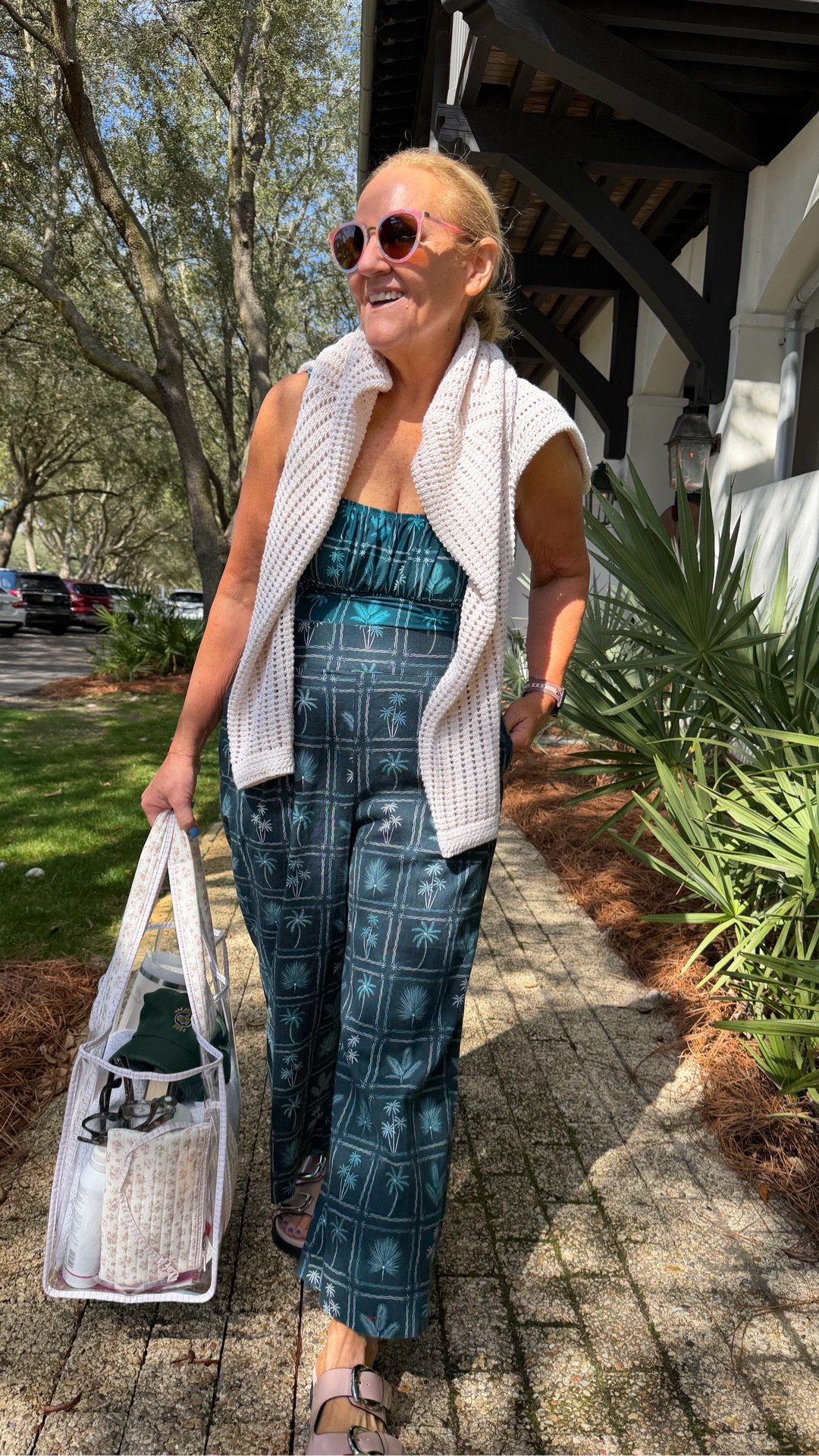 Beach day!!! The sun is warm and I prefer 70 to 90 anyway! 
Suit and matching pants size medium. I love this suit! It has an underwear support in the bra. 
Jelly tote use code NANETTE20 20% off. 
These sunglasses are such great quality. And pretty too! 
Target sweater is a must have for all sadon. Size medium  

#LTKSaleAlert #LTKSwim #LTKOver40