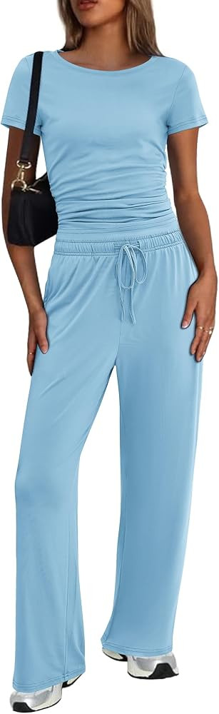Ekouaer Women's 2 Piece Lounge Sets Ruched Short Sleeve Top and Wide Leg Pants Loungewear Tracksu... | Amazon (US)