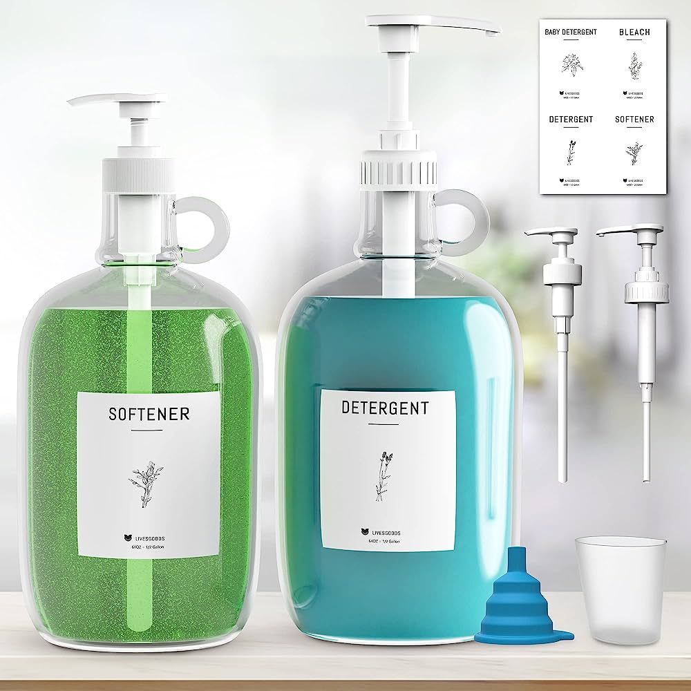 LIVESGOODS 2 Pack Half Gallon Glass Pump Liquid Detergent Dispenser Bottle for Laundry Room, 64oz... | Amazon (US)