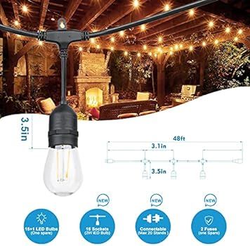 Outdoor Linkable 48ft led Heavy-Duty String Light with 15+1(Spare) 2W Energy-Saving PC Shatterpro... | Amazon (US)