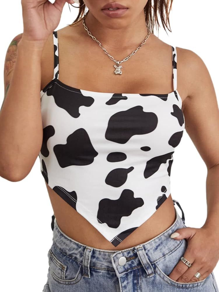 MakeMeChic Women's Cow Print Hanky Hem Cami Sleeveless Bandana Crop Top | Amazon (US)