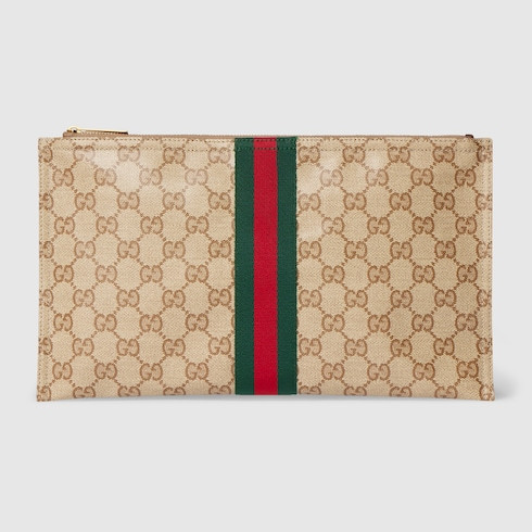 GUCCI Large Pouch With Web, Beige, GG Canvas | Gucci (US)