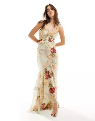 ASOS DESIGN halter ruffle maxi dress with high low hem in cream floral print | ASOS | ASOS (Global)