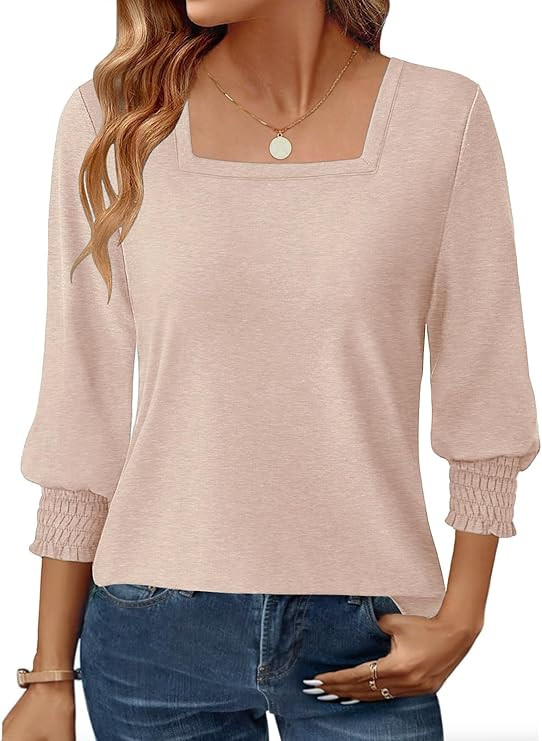 Womens 3/4 Sleeve Shirts Square Neck Dressy Casual Blouses Spring Summer Smocked Cuffs Tops | Amazon (US)