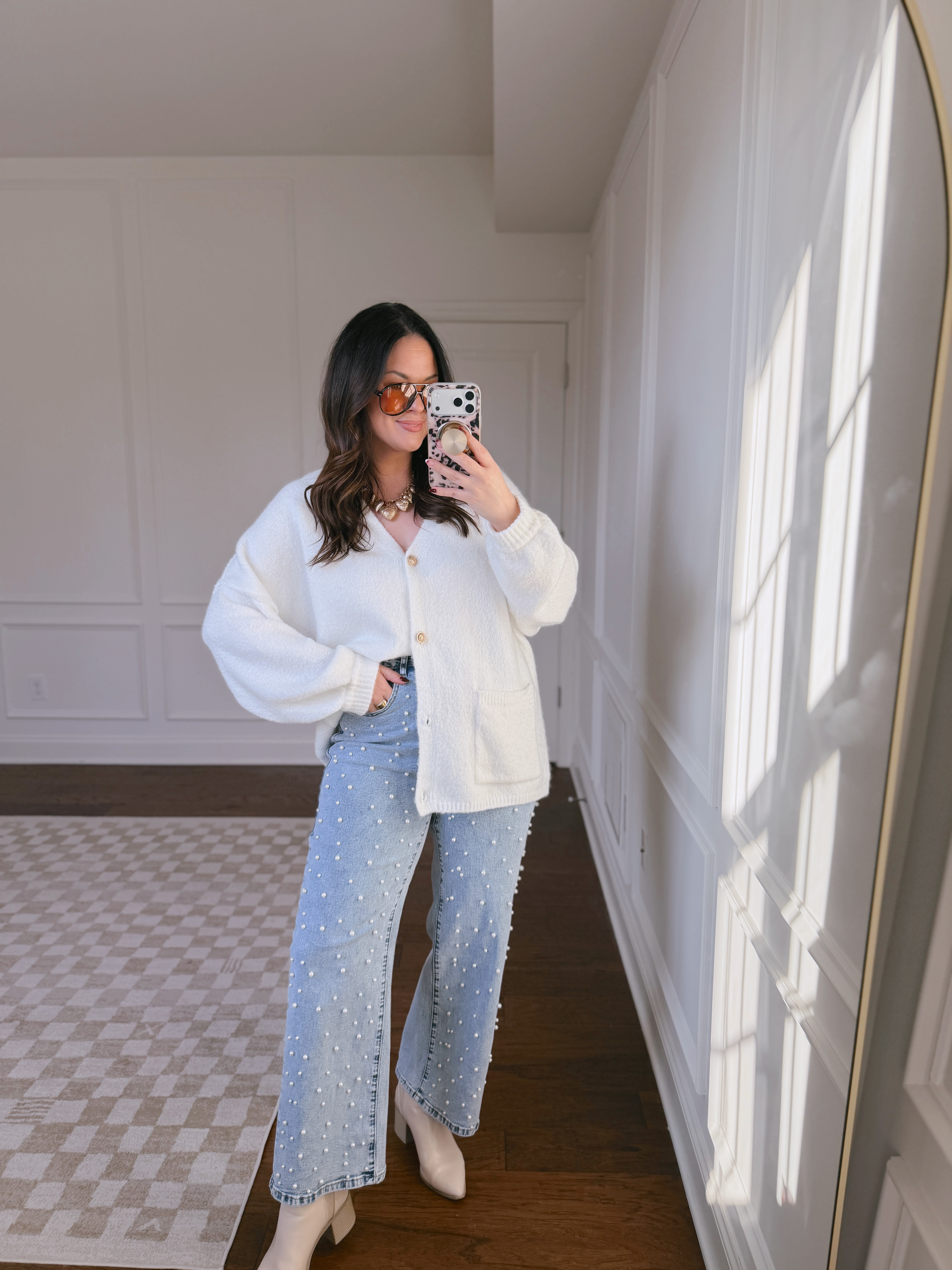 These pearl jeans are perfection.. love it paired with a cozy sweater for winter events! 

 #LTKootd #LTKMidsize #LTKFindsUnder50