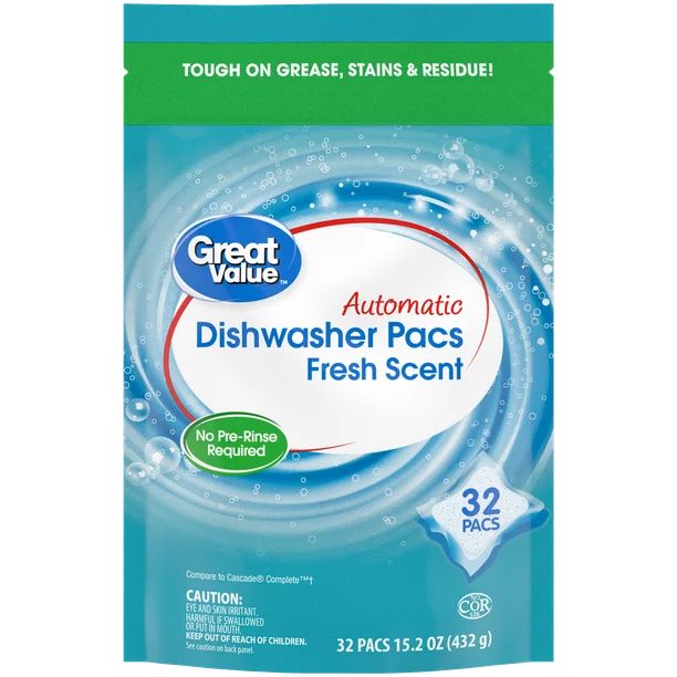 Great Value Automatic Dishwasher Detergent Pods, Base Clean, Fresh Scent, 32 count - Walmart.com | Walmart (US)