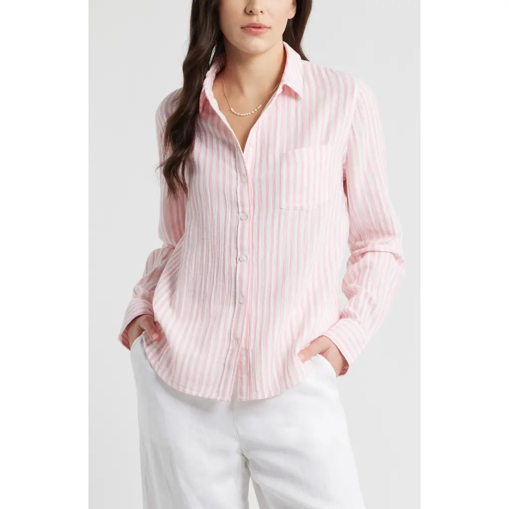 caslon(r) Casual Gauze Button-Up Shirt in Pink Dianthus Brianne Stripe at Nordstrom, Size X-Small | Nordstrom