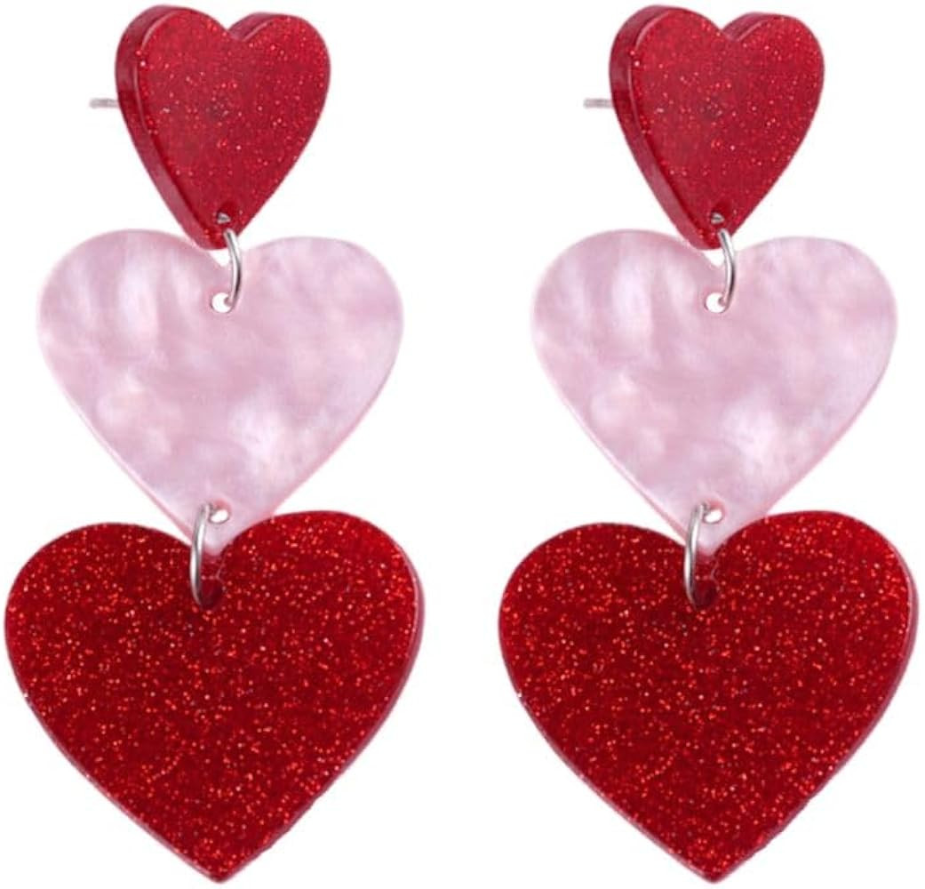 Three Love Heart Dangle Drop Earrings Unique Pink Red Heart Statement Earrings for Women | Amazon (US)