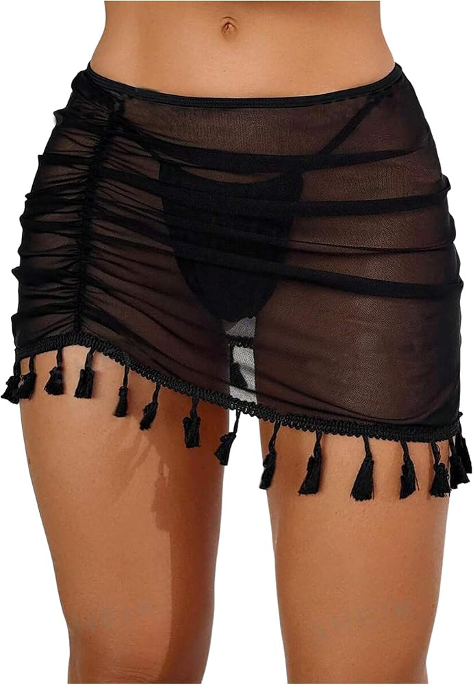 ZAFUL Women Beach Sheer Cover Ups Boho Mesh Bikini Ruched Tassel Skirt for Swimwear | Amazon (US)