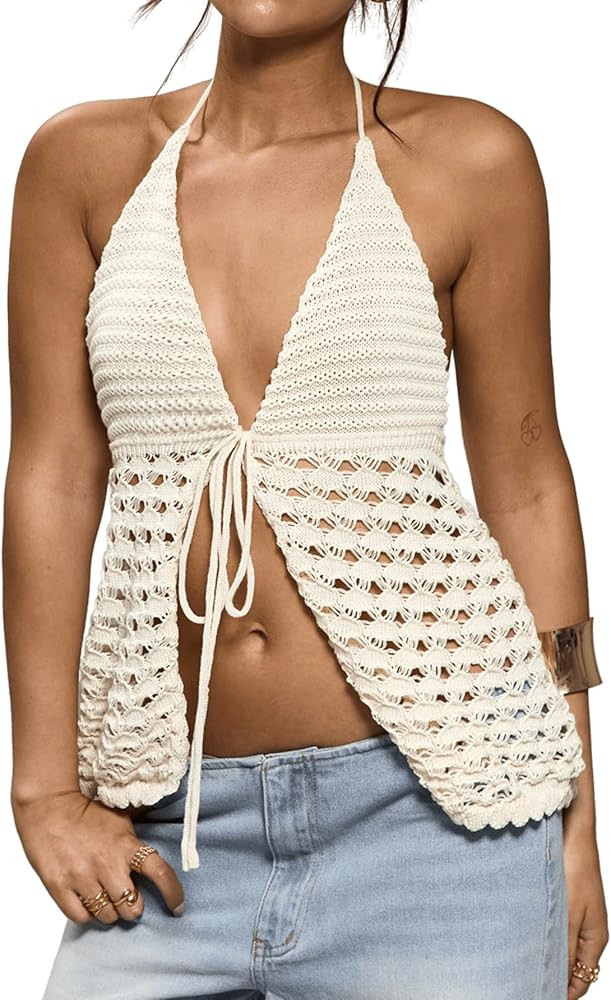 SHENHE Women's Tie Front Crochet Top Halter Split Knit Top Backless Hollow Out Sexy Top | Amazon (US)