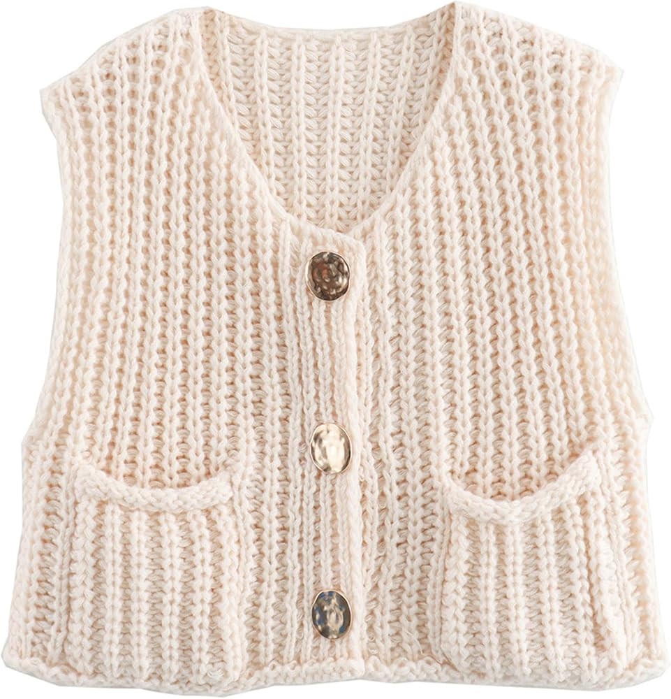 Womens Knit Vest Tops Sleeveless Cropped Chunky Sweater Vests Botton Down Lightweight Cardigan wi... | Amazon (US)