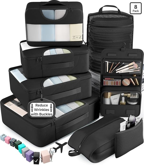 Veken 10 Set/8 Set Packing Cubes for Travel Essentials,Anti-Wrinkle Buckled Suitcase Organizer for Shoe & Toiletry Bag,Carry On Luggage Bag for Airplane & College Dorm Room Accessories,Women Men Gifts | Amazon (US)