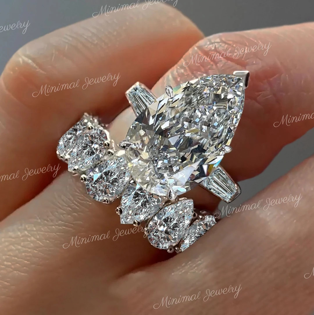 13.7 TCW Three Stone Moissanite Pear Shaped Engagement Ring Set,celebrity Style,baguette&big Larg... | Etsy (US)