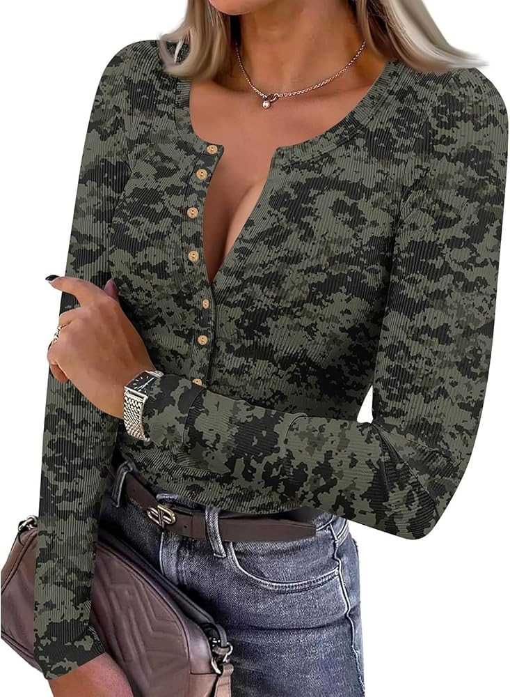 Womens Long Sleeve Tops Button Blouse Print Fall Basic Tees Casual Henley T Shirts Slim Fit Trend... | Amazon (US)