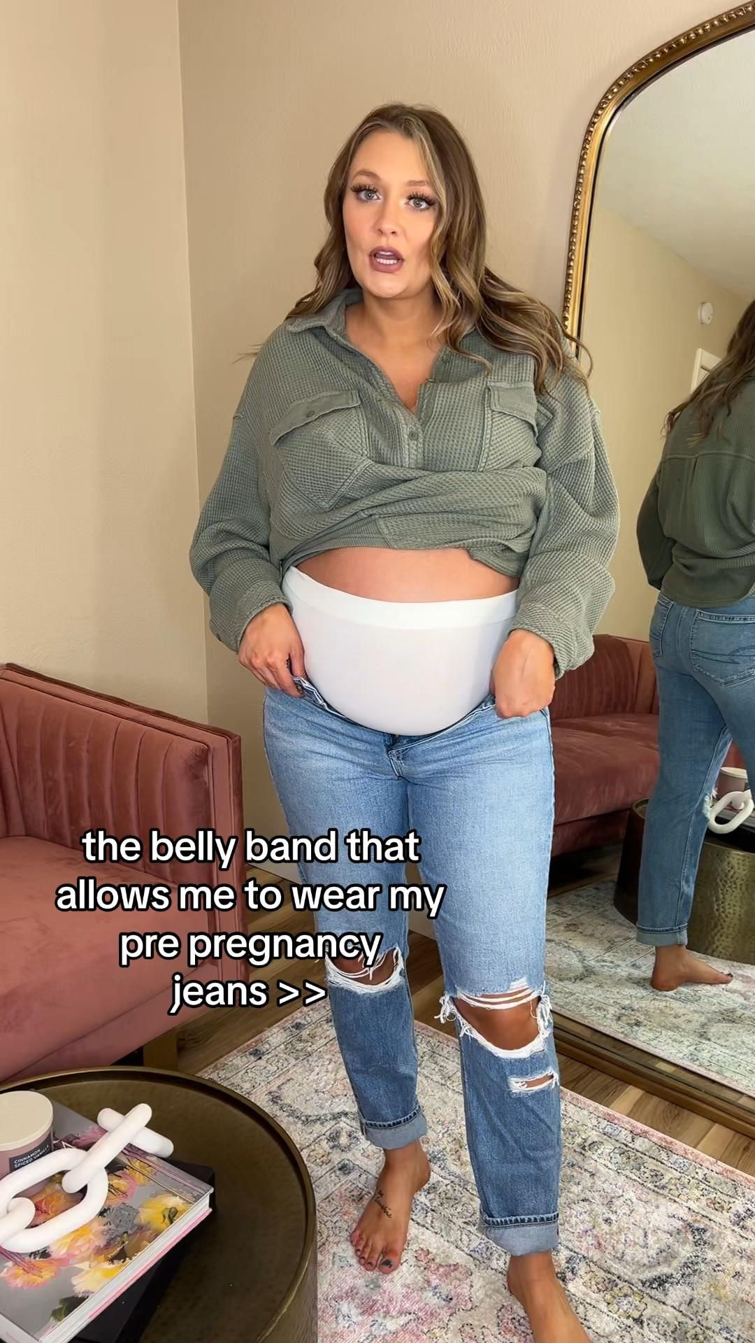 This belly band is a pregnancy must have! 

I bought this one years before I got pregnant, kept it in my purse & used it when I got bloated after eating! 😆

Sizing: 
Aerie Button Down-XL
Jeans-14L
Belly Band-2

#LTKbump #LTKstyletip #LTKmidsize
