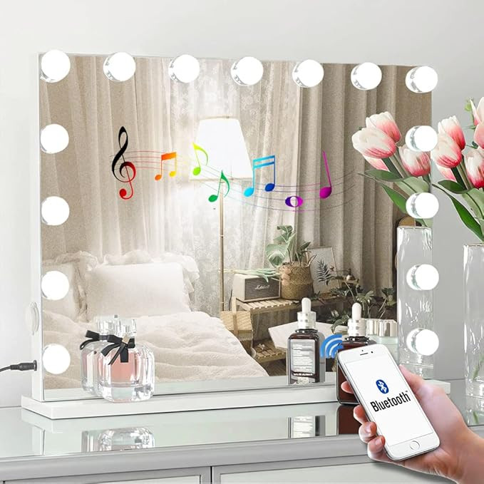 Hollywood Lighted Vanity Mirror, 22.8"x 18.1", 10X Magnification, Bluetooth Speaker, 3 Color Mode... | Amazon (US)