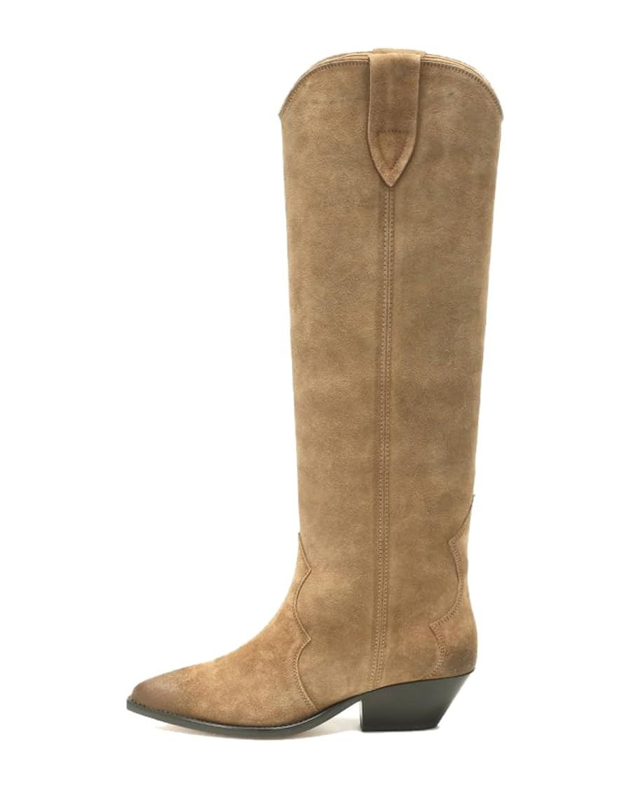 YIYA Women's Western Suede Cowboy Knee High Boots Classic Pointed Toe Chunky Low Heels Cowgirl Pu... | Amazon (US)