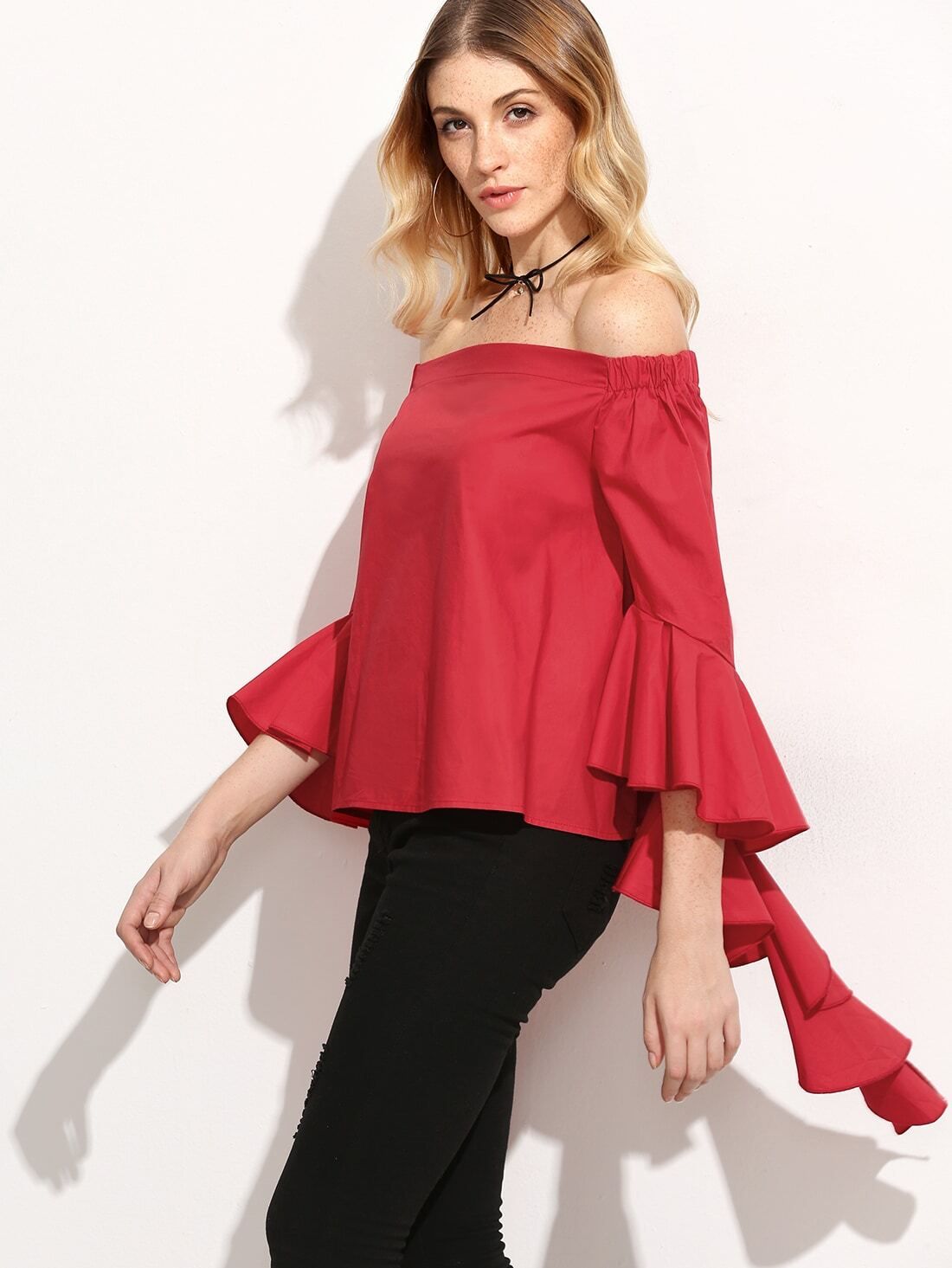 Red Dramatic Ruffle Sleeve Off The Shoulder Top | SHEIN