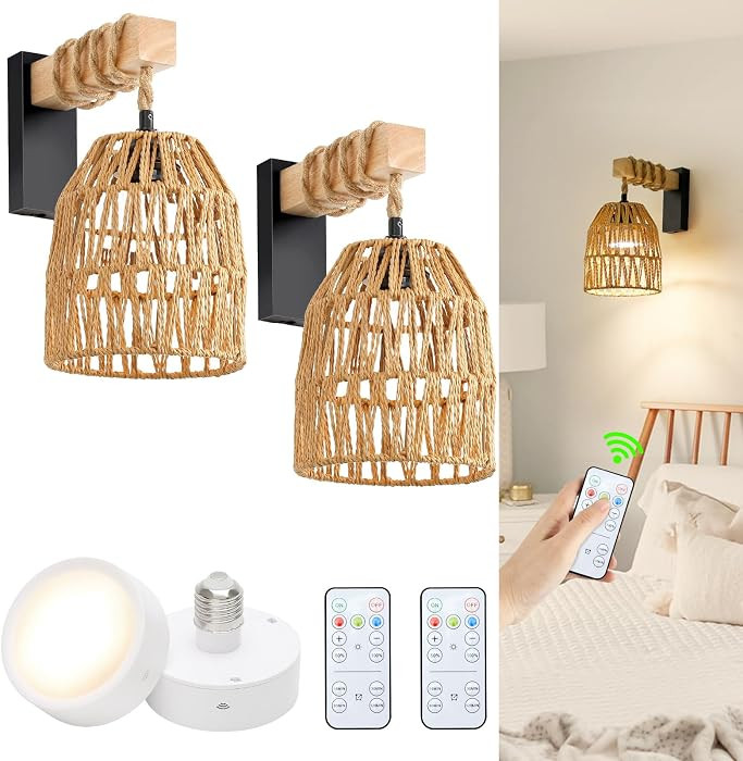 Battery Operated Wall Sconce, Boho Battery Wall Sconces Set of 2, Rattan Farmhouse Wall Lamp with... | Amazon (US)