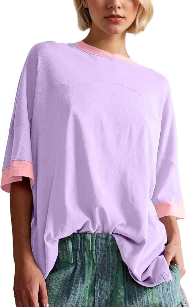 Women Oversized Color Block Short Sleeve T Shirt Crewneck Patchwork Split Hem Shirt Casual Loose ... | Amazon (US)