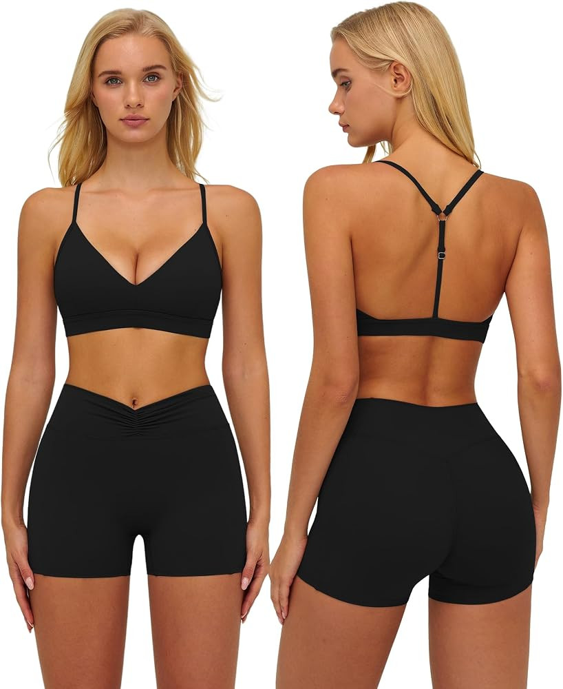 ABOCIW Womens Workout Sets V Neck Sports Bra Tummy Control High Waist Biker Shorts 2 Piece Yoga P... | Amazon (US)