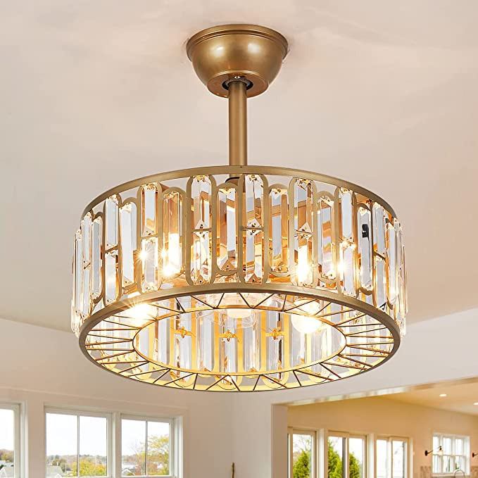 18" Crystal Caged Ceiling Fan with Lights and Remote, Modern Crystal Fandelier Gold Ceiling Fan w... | Amazon (US)