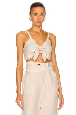 Marissa Webb Paloma Linen Tie Front Crop Top in Flax | FWRD | FWRD 