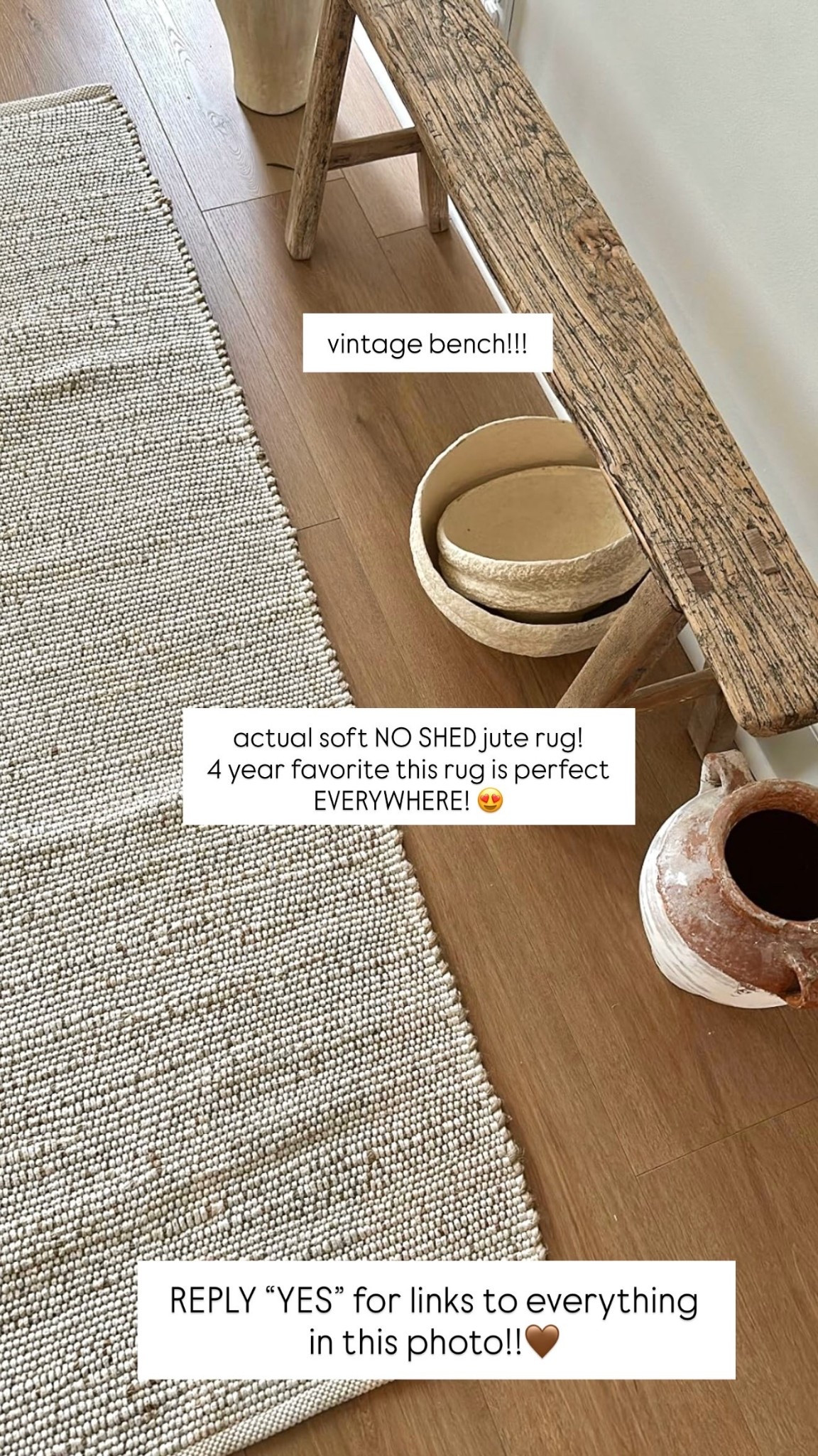 actual soft NO SHED jute rug! 
4 year favorite this rug is perfect EVERYWHERE! 😍 REPLY “YES” for links to everything in this photo!!🤎 vintage bench!!!