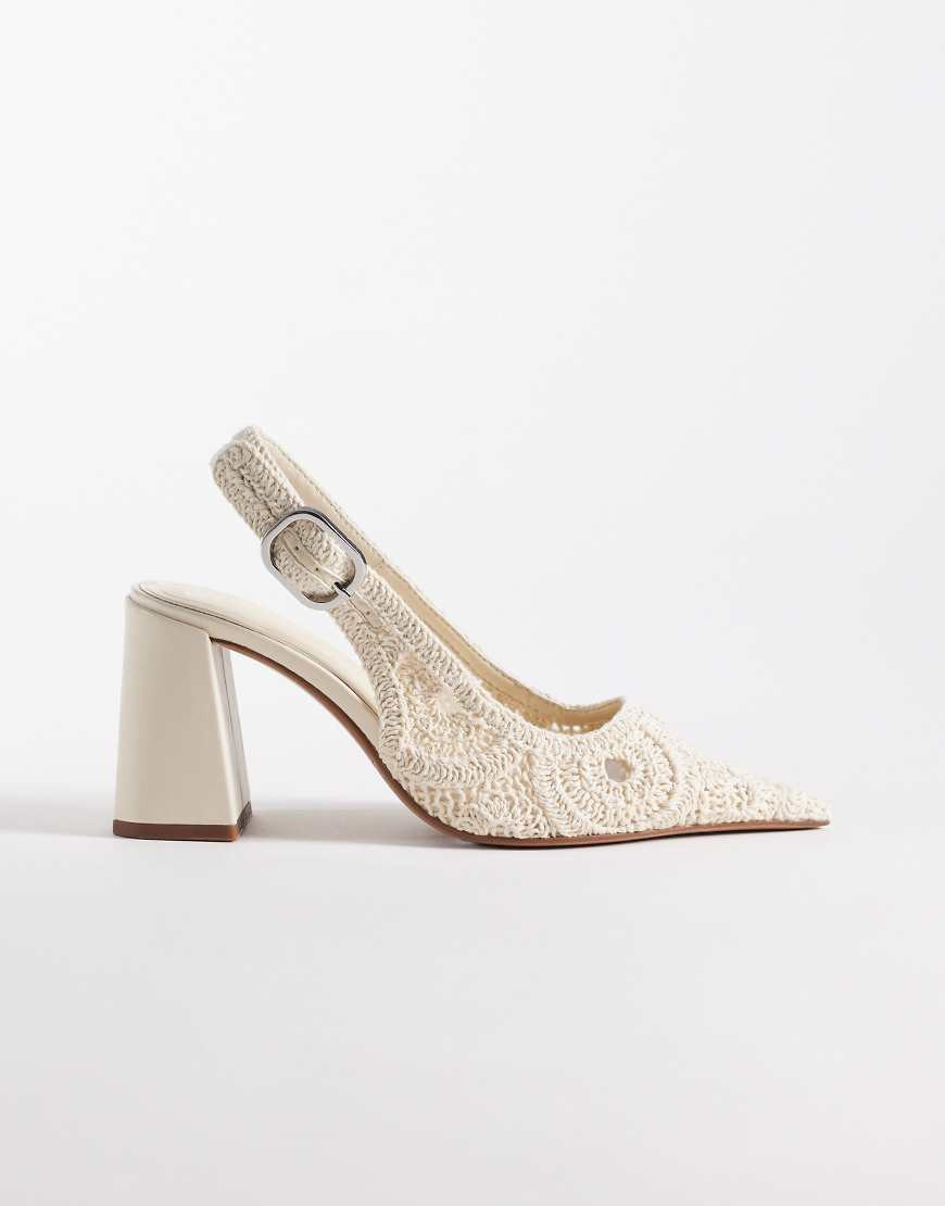 ASOS DESIGN Surrey slingback mid block heels in white crochet-Neutral | ASOS (Global)