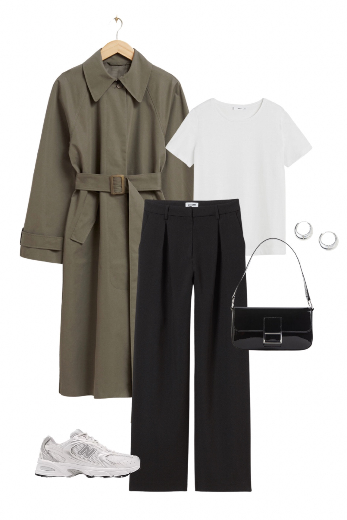 Simple errand run outfit inspo: a green trench coat, white tee, tailored trousers, black shoulder bag and new balance 530s

#LTKstyletip #LTKshoecrush #LTKeurope