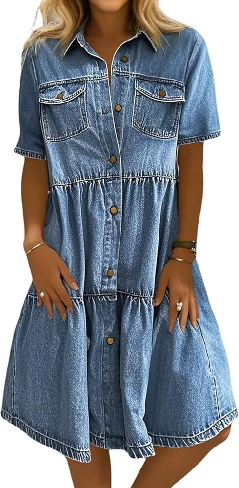 chouyatou Women Summer Casual Button Down Midi Denim Shirt Dress Cute Distressed Tiered Ruffle Je... | Amazon (US)