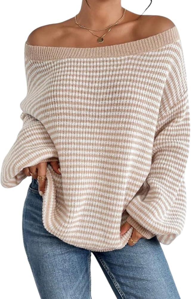 LIZALIG Women's Casual Stripe Sweater Slouchy Off-The-Shoulder Knit Long-Sleeve Tops for Vacation... | Amazon (US)