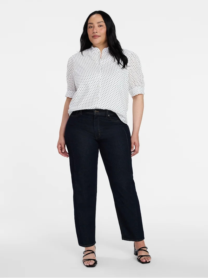 Time and Tru Women's Scallop Trim Cotton Button Down Shirt with Short Sleeves, Sizes XS – XXXL | Walmart (US)