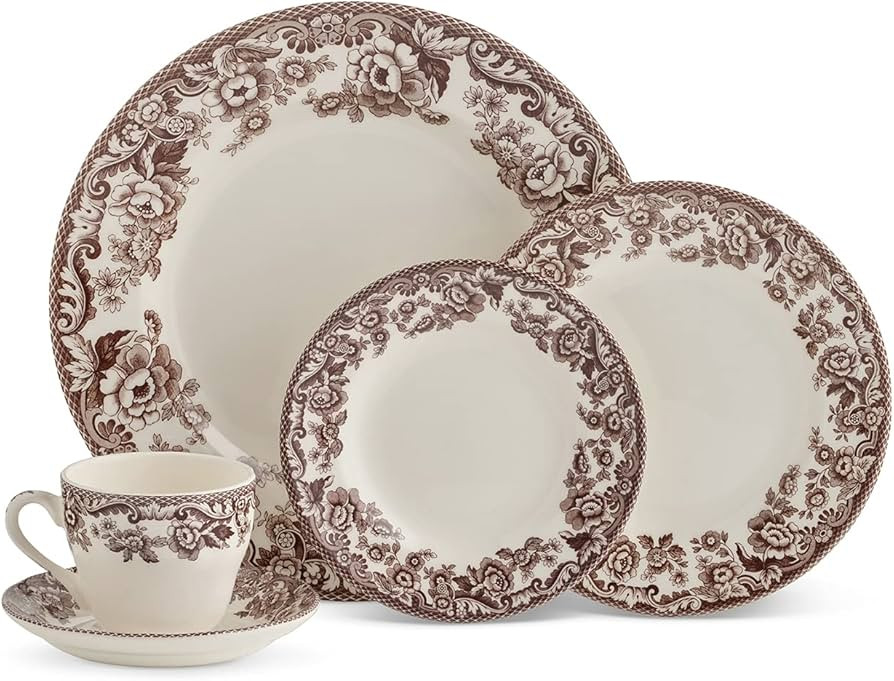 Spode Delamere 5-Piece Place Setting – Rich Brown British Flowers Border, Includes Dinner, Sala... | Amazon (US)