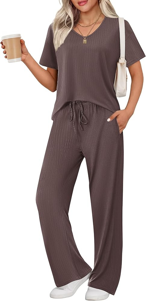 Ekouaer Womens Ribbed Knit Lounge Set Short Sleeve Top and Long Pants Sleepwear Pajama Set Two Pi... | Amazon (US)
