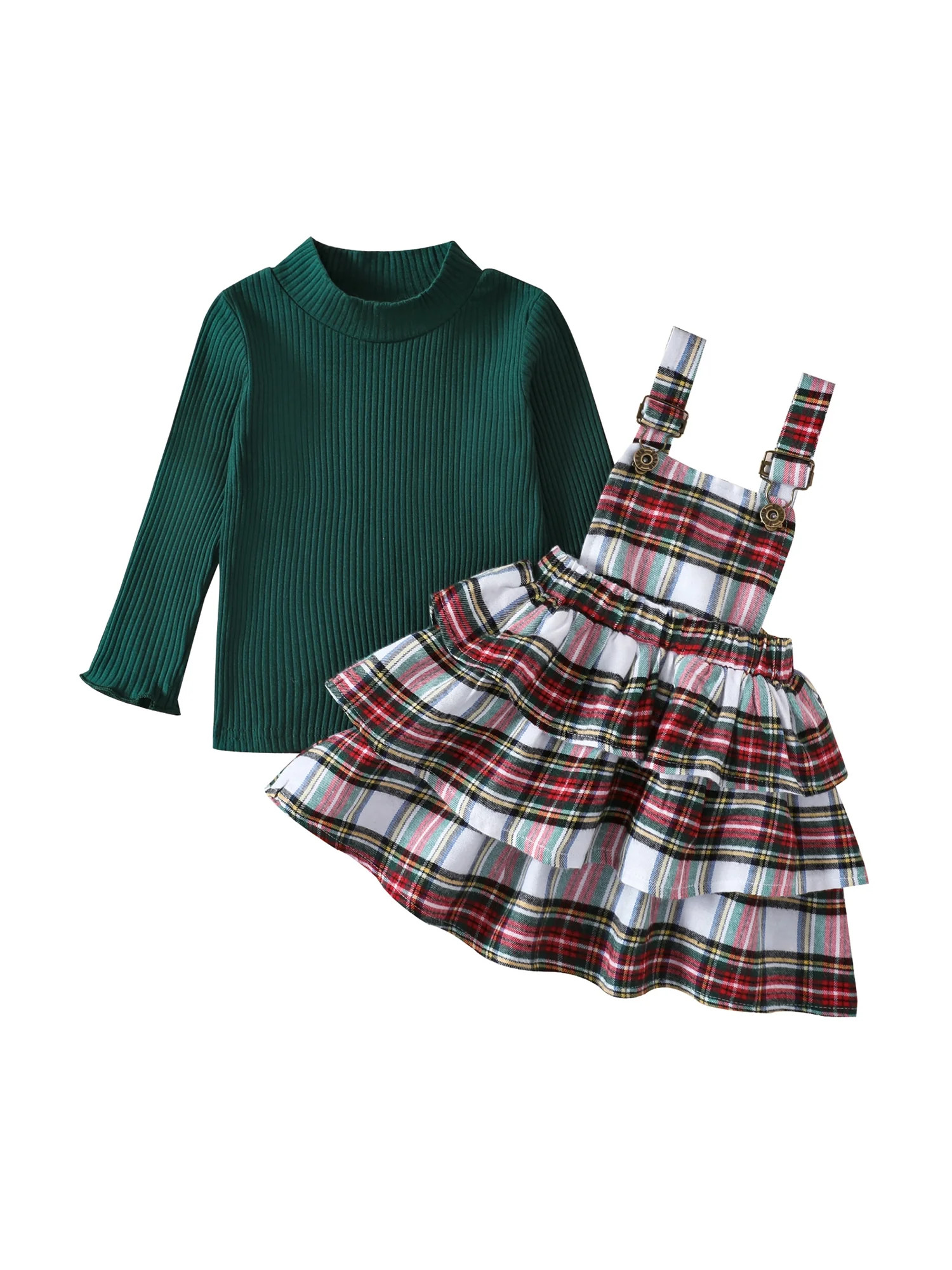 Christmas Toddler Baby Girls Kids Skirt Sets Knit Pullover Top+ Plaid Ruffle Strap Suspender Dres... | Walmart (US)