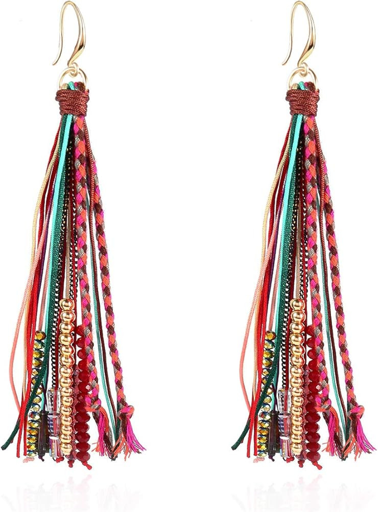 Bohemian Feather Dangle Earrings for Women with Shell Beads Long Tassel Design Drop Earrings | Amazon (US)