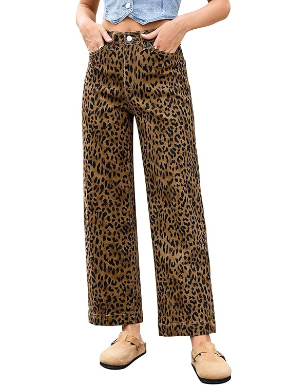 LookbookStore Wide Leg Jeans for Women Trendy High Waisted Stretchy Cheetah Leopard Pants Ankle L... | Amazon (US)