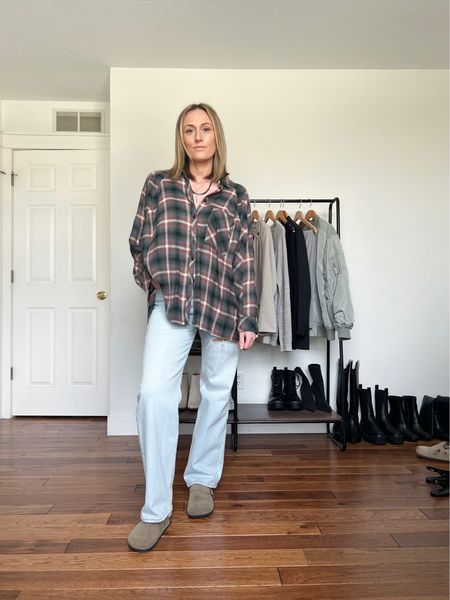 Spring outfits. Spring outfit idea. Casual outfits. Casual outfit idea. Oversized flannel. Flannel button down. Relaxed fit jeans. Straight leg jeans. Clogs. Mom outfit.

#LTKfindsunder50 #LTKSeasonal #LTKfindsunder100