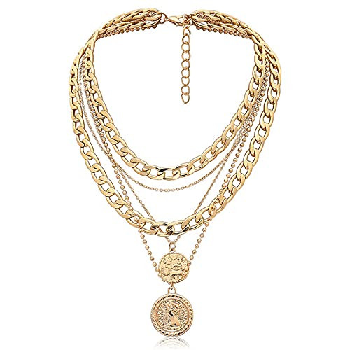 MJartoria Gold Layered Necklaces for Women Trendy Retro Coin Pendant Necklace Dainty Chunky Chain Choker Necklaces for Jewelry Birthday Gifts (Gold, A-Retro Coin-5 in 1 Layered) | Amazon (US)
