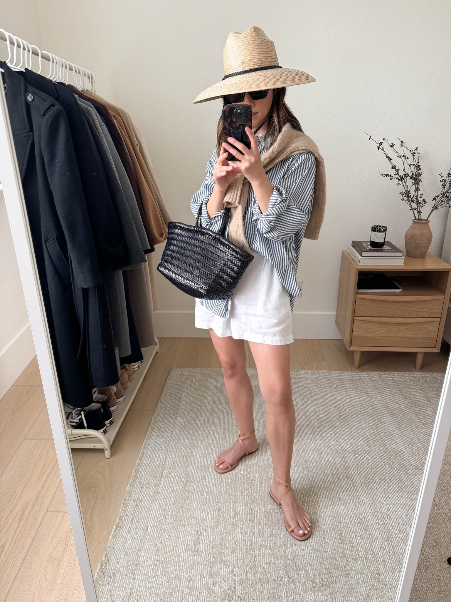 Sandwich method styling with the shoes and sweater over the shoulder tying the whole outfit together.  

Jenni Kayne hat small - old
GapxDoen shirt petite small - old
Linen shorts xs - linked similar
Tkees sandals 5
Dragon Diffusion triple jump small
Filoro cashmere sweater smal - old 

#LTKmomlife #LTKPetite