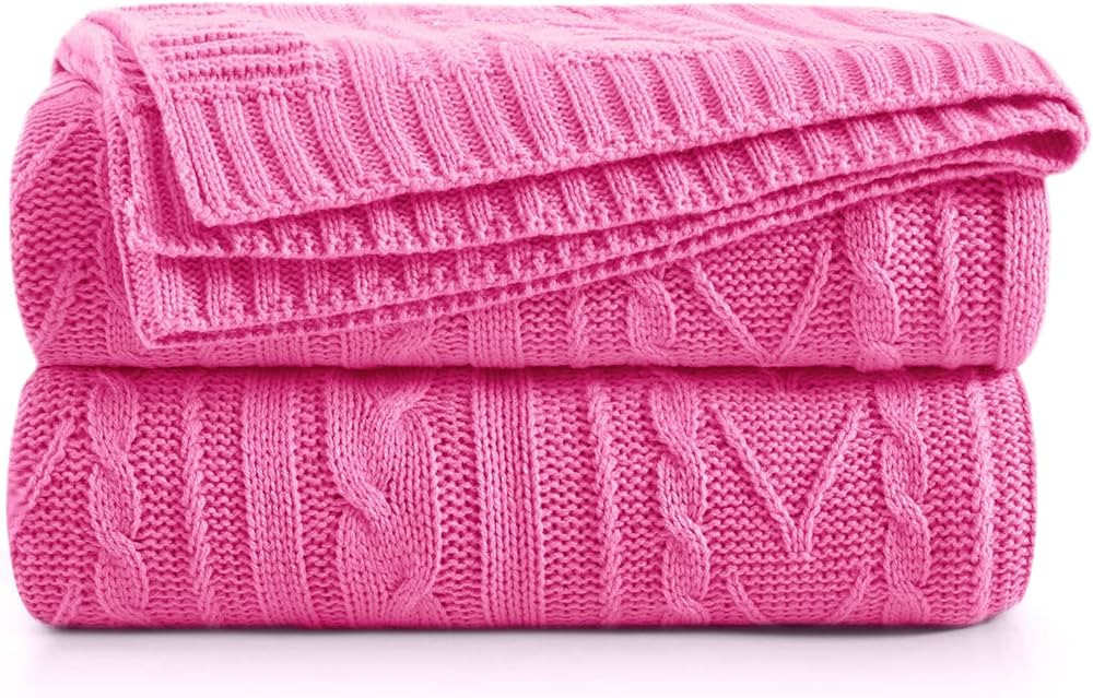 Aormenzy Hot Pink Cable Knit Throw Blankets for Couch Bed Sofa, Acrylic Knitted Blanket, Soft Coz... | Amazon (US)