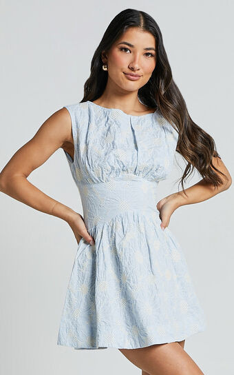 Kaylee Mini Dress - Broderie Anglaise Sleeveless Scoop Neck Dress in Blue | Showpo (US, UK & Europe)