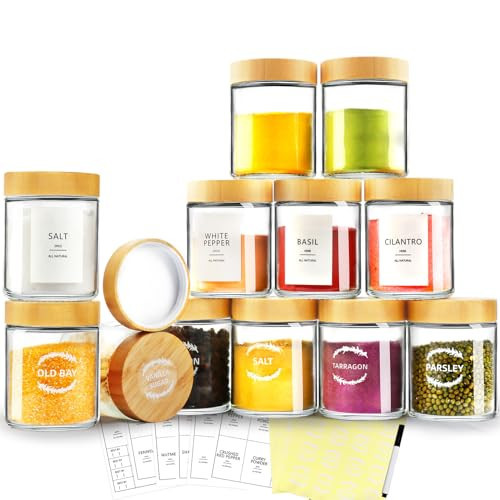 AISIPRIN Spice Jars with Label,12 Pcs 8oz Glass Jars with Bamboo Lids,Spice Organizer for Cabinet,Drawer, Rack, Seasoning Organizer Containers,Including 2 Type Labels | Amazon (US)